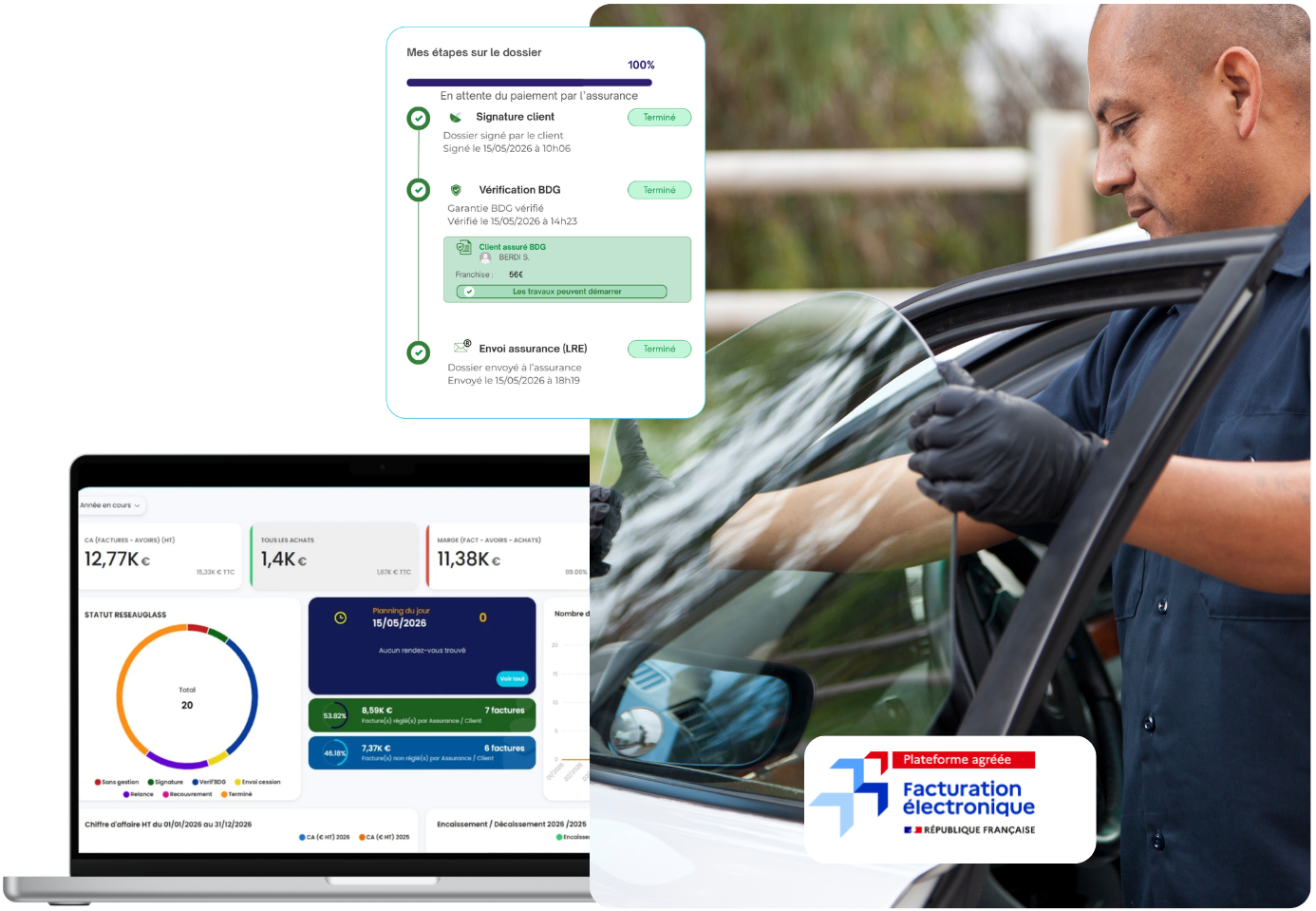 Interface RéseauGlass — suivi des dossiers vitrage et tableau de bord assurance